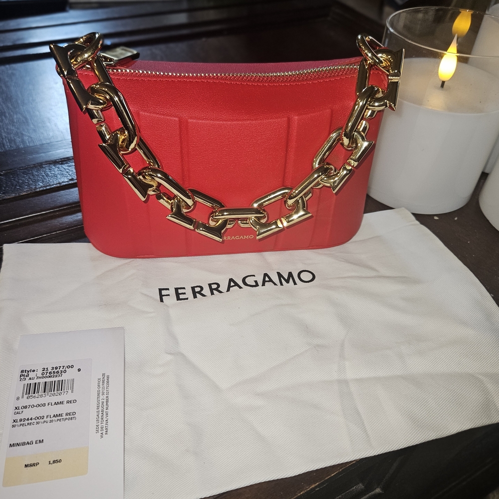 Salvatore Ferragamo Flame Red Mini Bag with Gold Chain